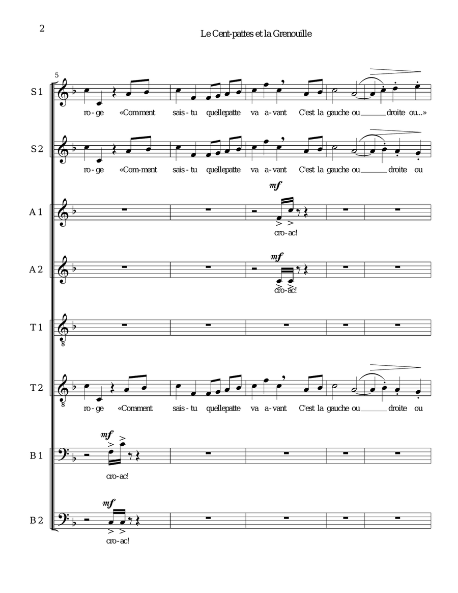 Le cent-pattes et la grenouille (The Centipede and the Frog in French) for 8 part choir 4-Part scores gallery preview page 2