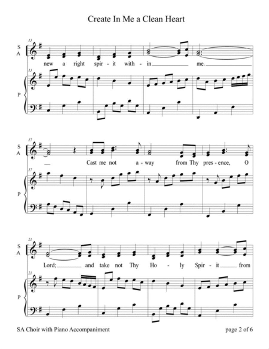 Create In Me a Clean Heart ~ Psalm 51 (for SA or 2-Part Choir with Piano accompaniment) SA scores gallery preview page 4