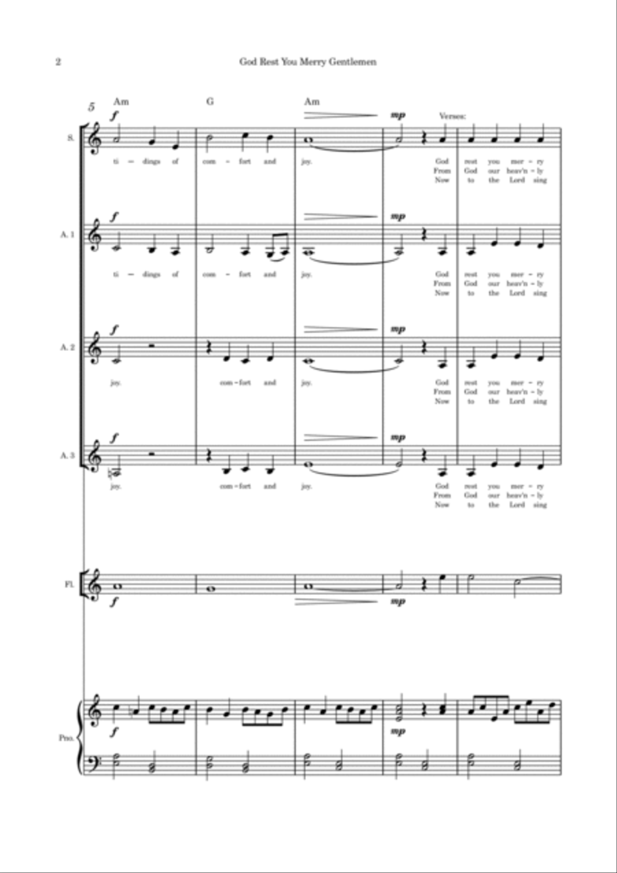 God Rest You Merry Gentlemen SAAA flute and piano 4-Part scores gallery preview page 2