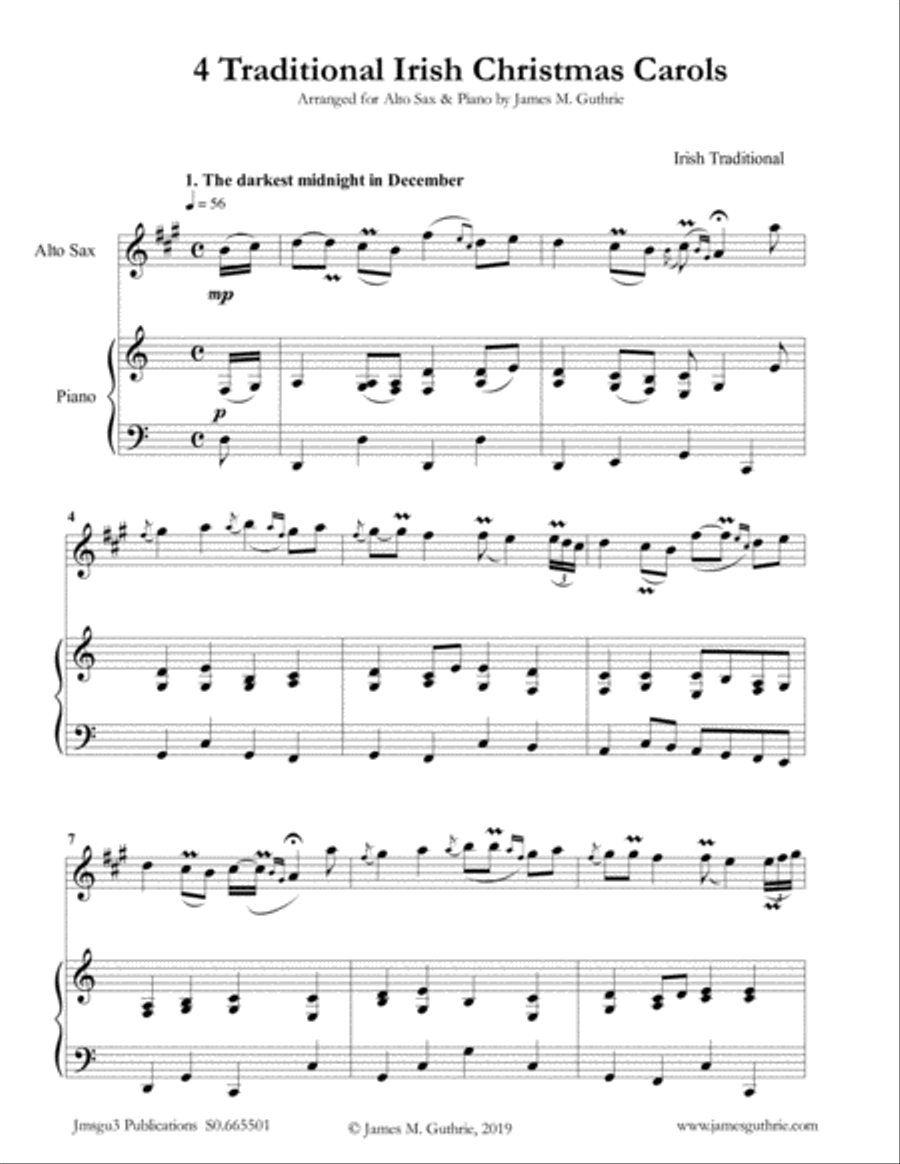 4 Traditional Irish Christmas Carols for Alto Sax & Piano Alto Saxophone scores gallery preview page 1