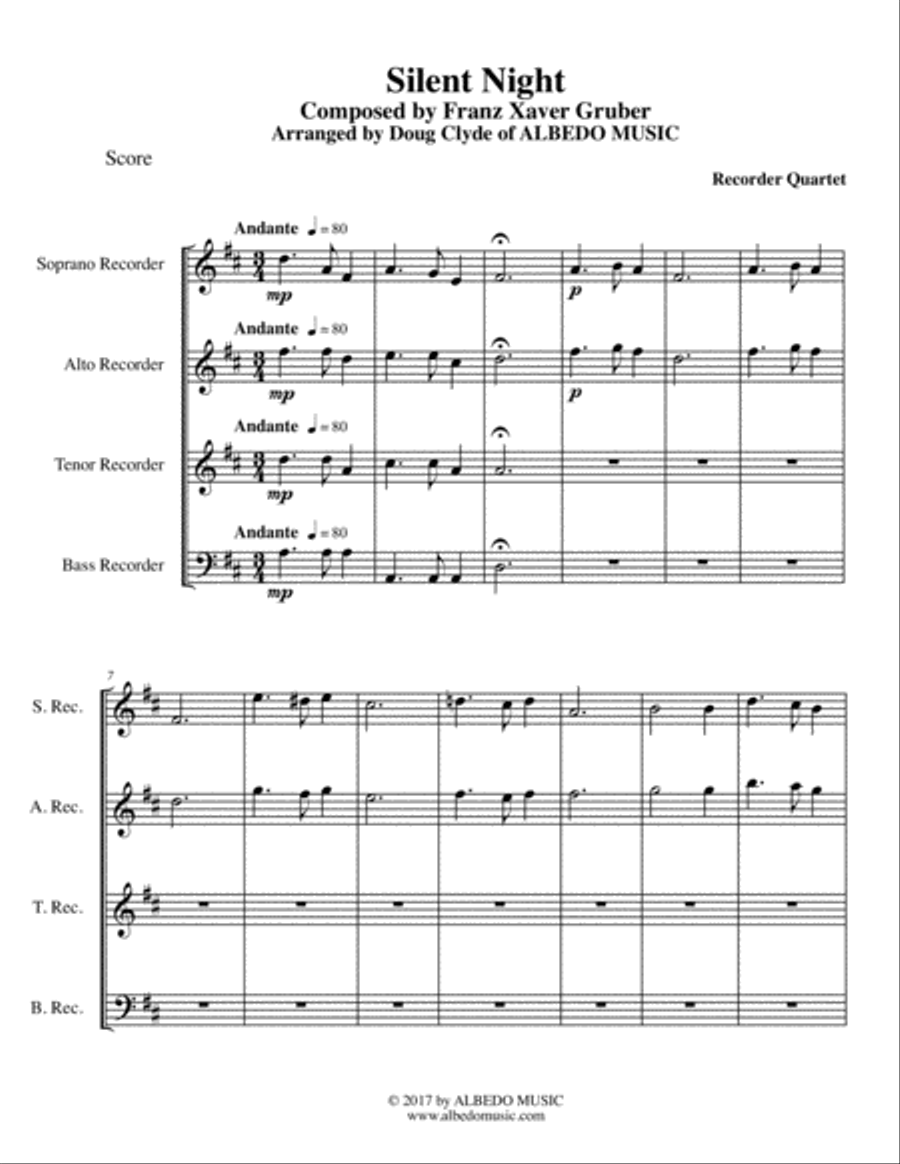 Silent Night for Recorder Quartet Woodwind Quartet scores gallery preview page 1