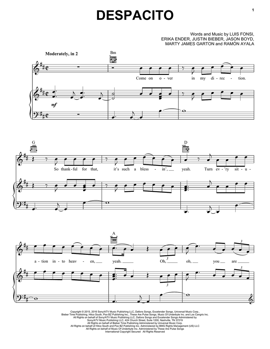 Despacito Piano, Vocal, Guitar scores gallery preview page 1