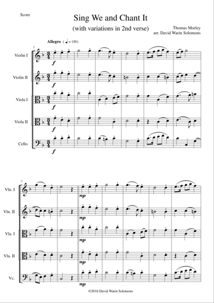 Sing we and chant it (with variations) for string quintet (2 violins, 2 violas and 1 cello) String Trio scores gallery preview page 1