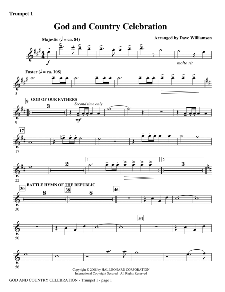 God And Country Celebration (Medley) - Trumpet 1 Choir scores gallery preview page 1