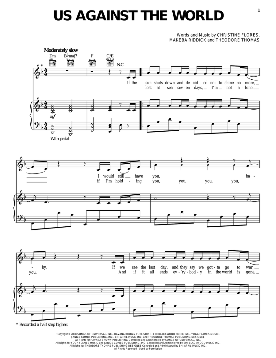 Us Against The World Piano, Vocal, Guitar scores gallery preview page 1