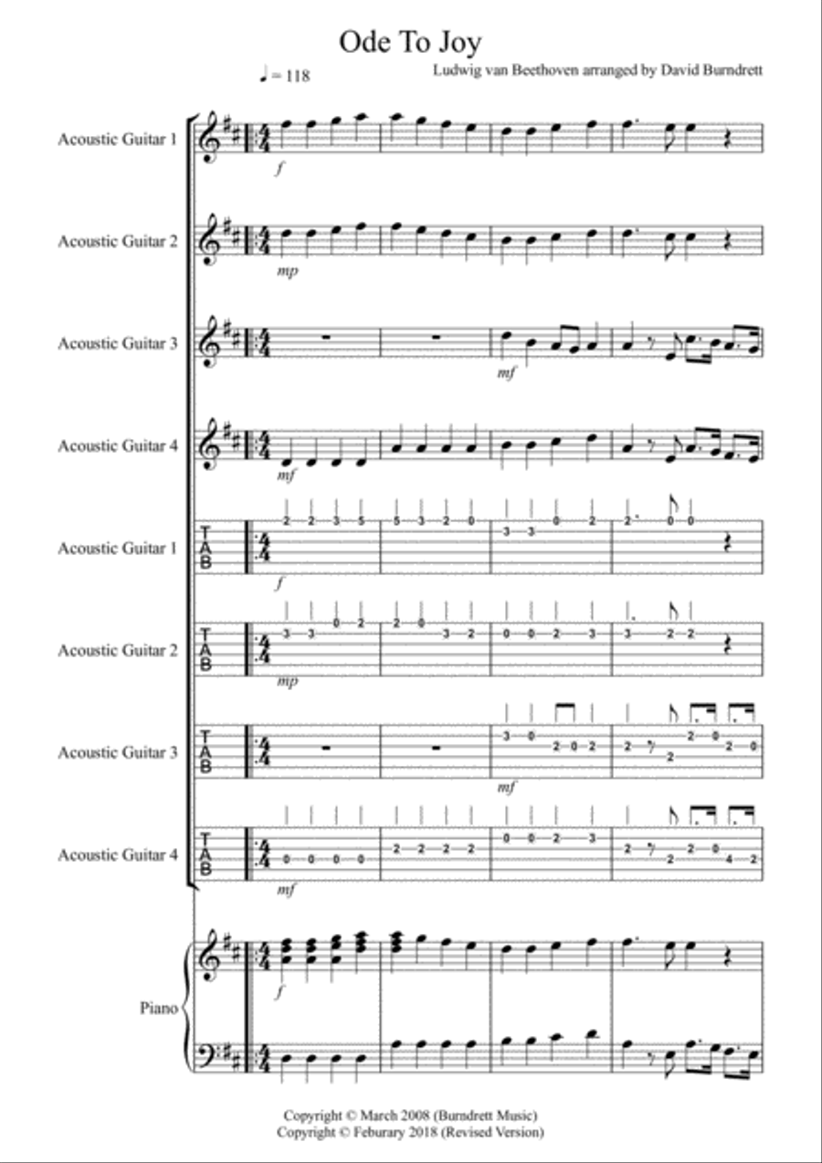 Ode To Joy for Guitar Quartet by Ludwig van Beethoven Guitar