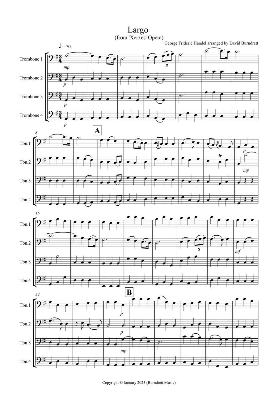 Book cover for Largo (by Handel) for Trombone Quartet