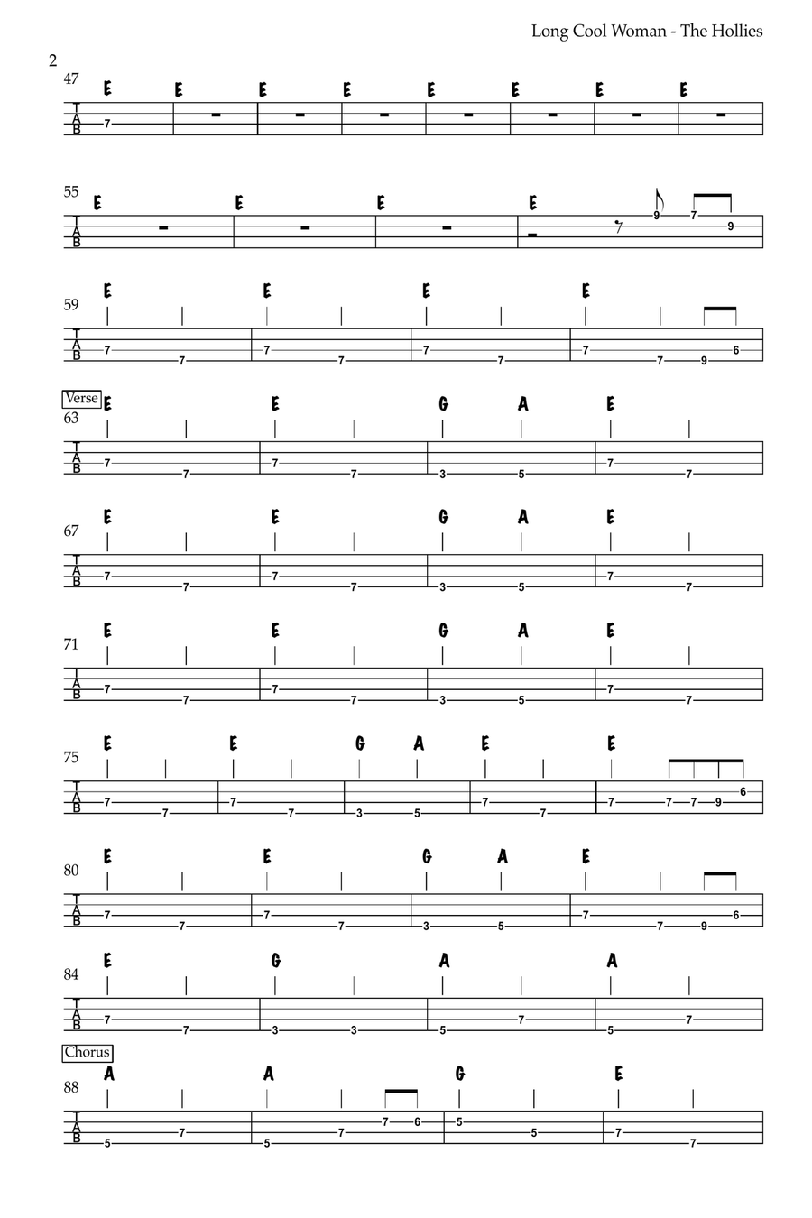 Long Cool Woman (In A Black Dress) Guitar Tablature scores gallery preview page 2