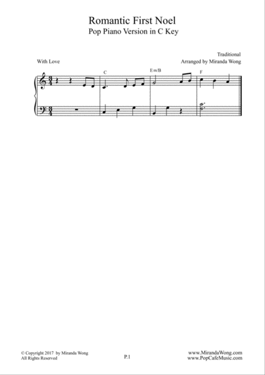 Romantic First Noel - Easy Piano Solo in C Key (With Chords) by Traditional Piano Method - Digital Sheet Music