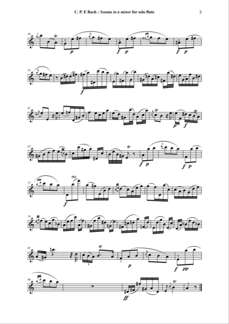 C. P. E. Bach: Sonata in a minor for solo flute, wq. 132, edited by Paul Wehage Flute Solo scores gallery preview page 3