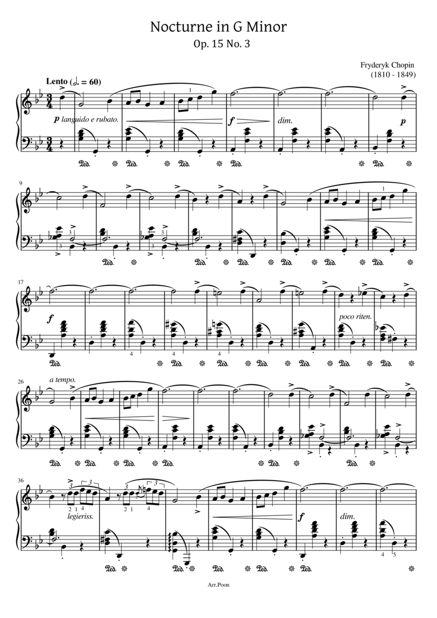 Chopin - Nocturne in G Minor,Op.15 No.3 - Original With Fingered For Piano Solo Piano Solo scores gallery preview page 1