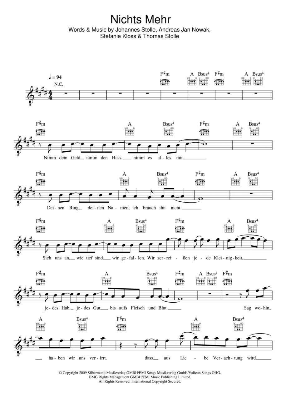 Nichts Mehr Piano scores gallery preview page 1