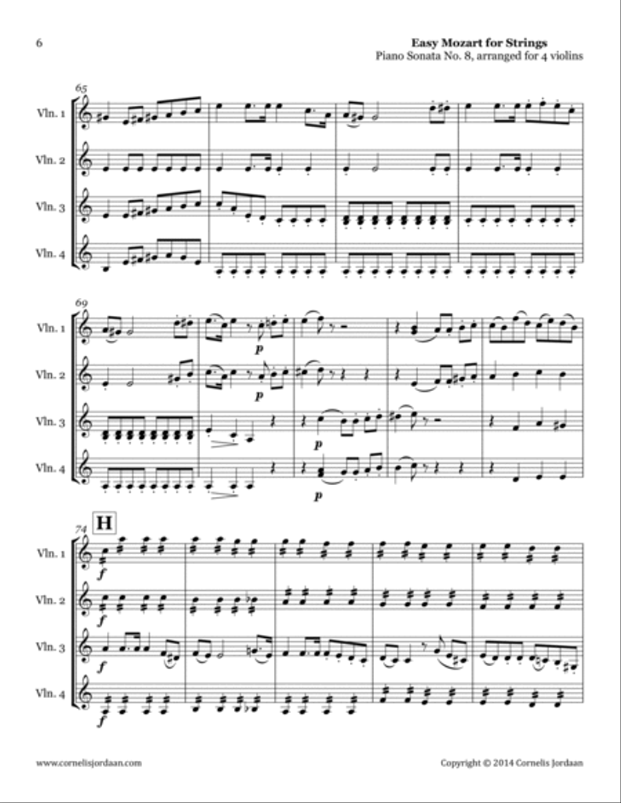 Easy Mozart for Strings - Piano Sonata No. 8, arranged for 4 violins