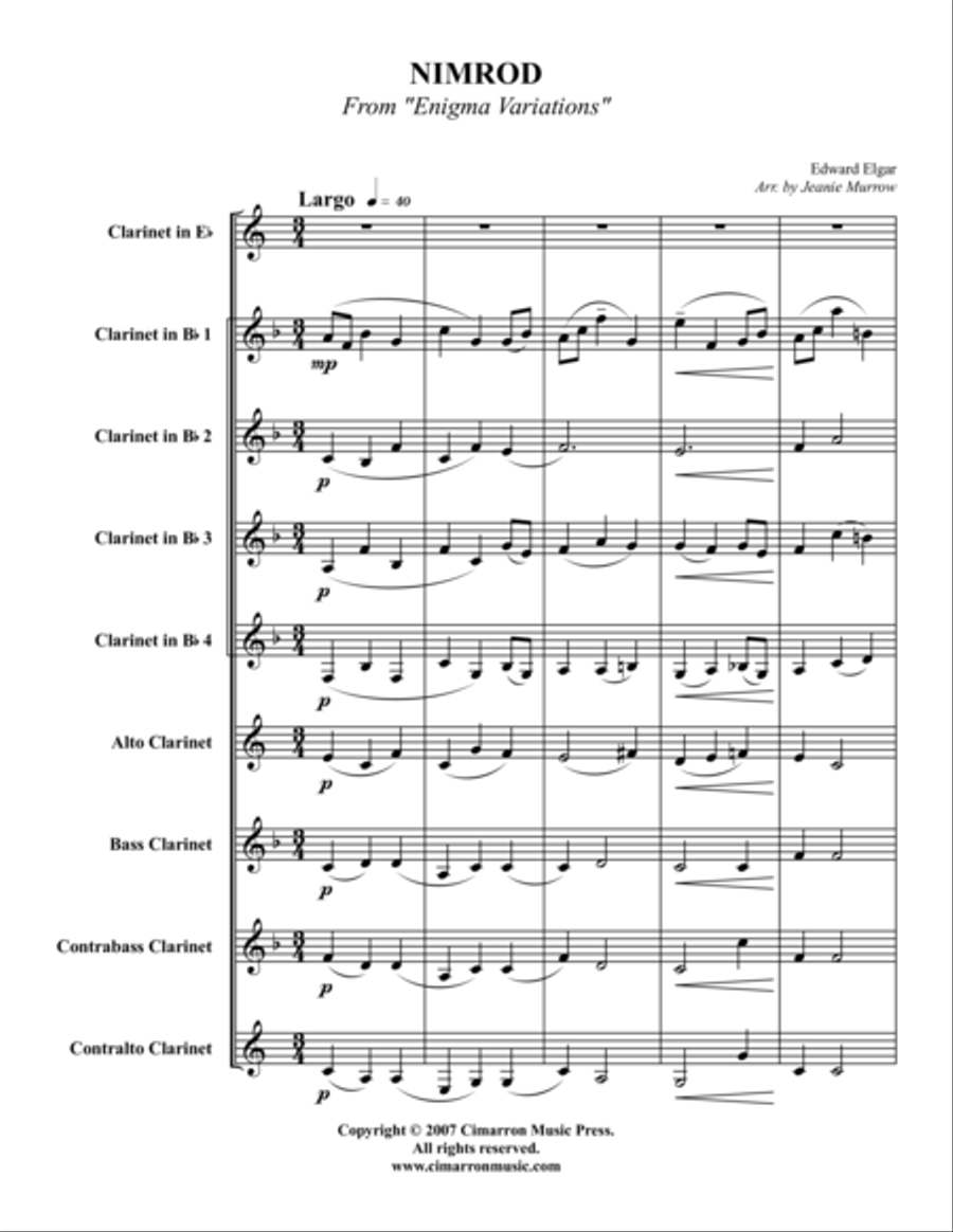Nimrod from the Enigma Variations Clarinet Choir scores gallery preview page 1