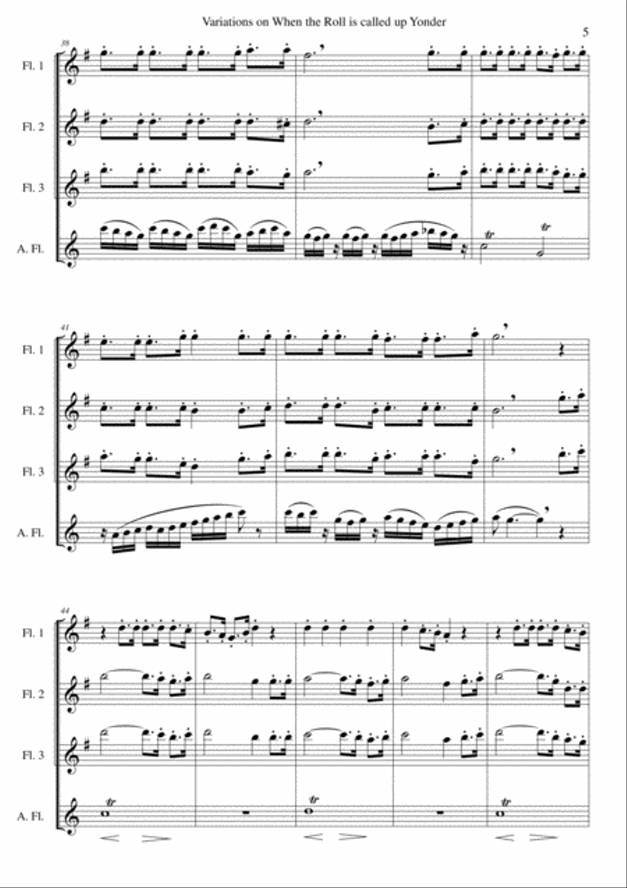 Variations on When the Roll Is Called Up Yonder for flute quartet (3 flutes and 1 alto flute) Flute Quartet scores gallery preview page 5