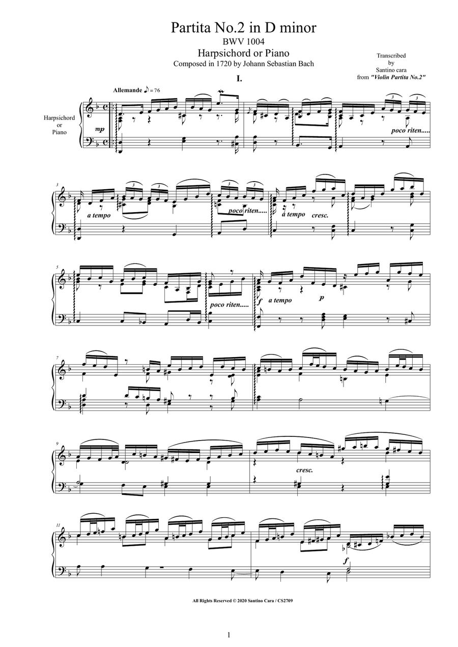 Bach - Partita No.2 in D minor BWV 1004 for Harpsichord or Piano Harpsichord scores gallery preview page 1