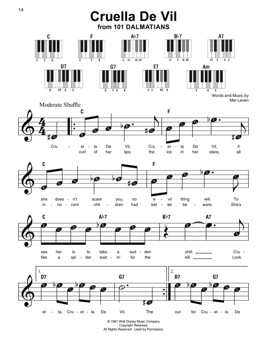 Cruella De Vil (from 101 Dalmatians) Easy Piano scores gallery preview page 1