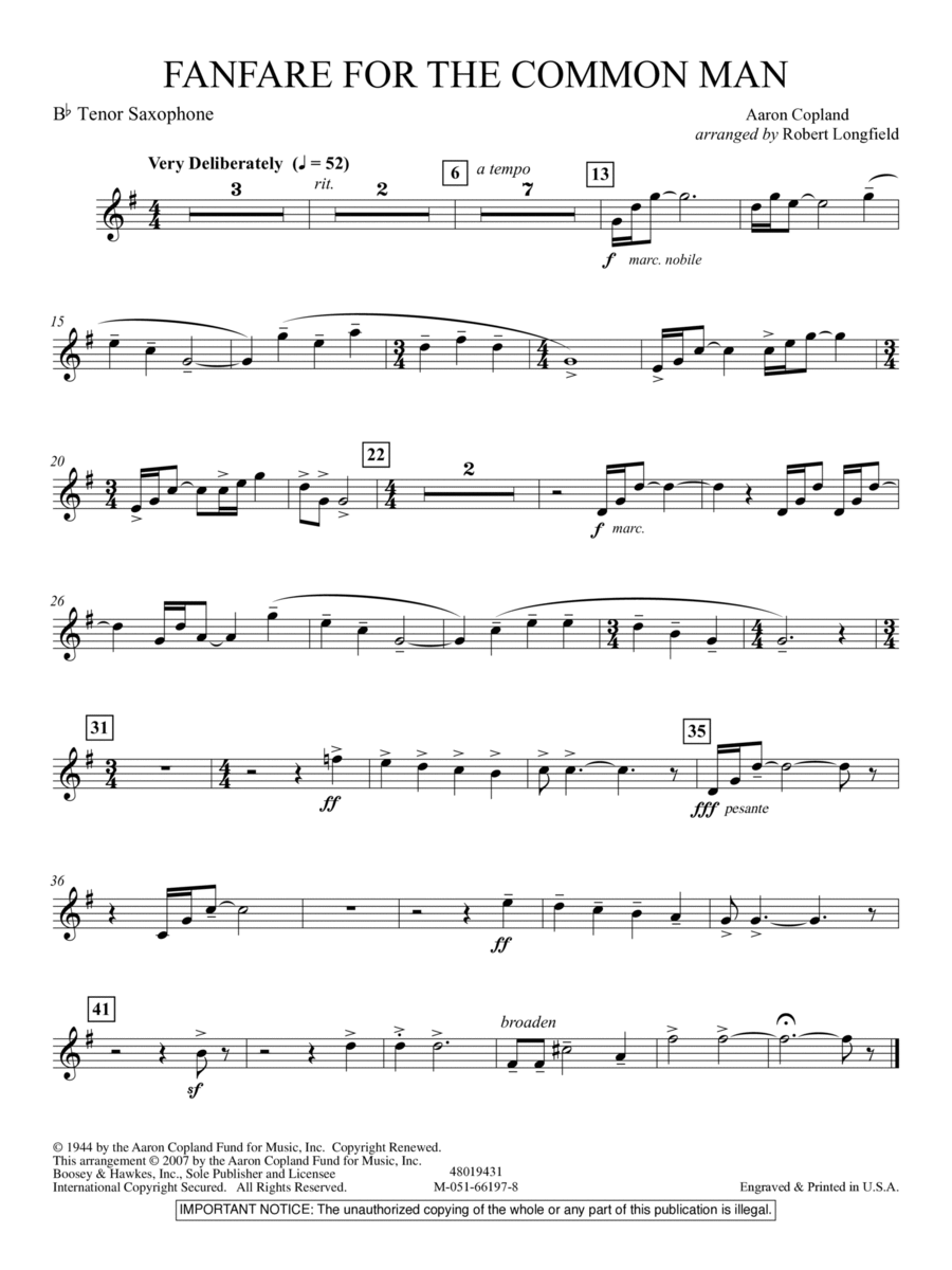 Fanfare For The Common Man (arr. Robert Longfield) - Bb Tenor Saxophone