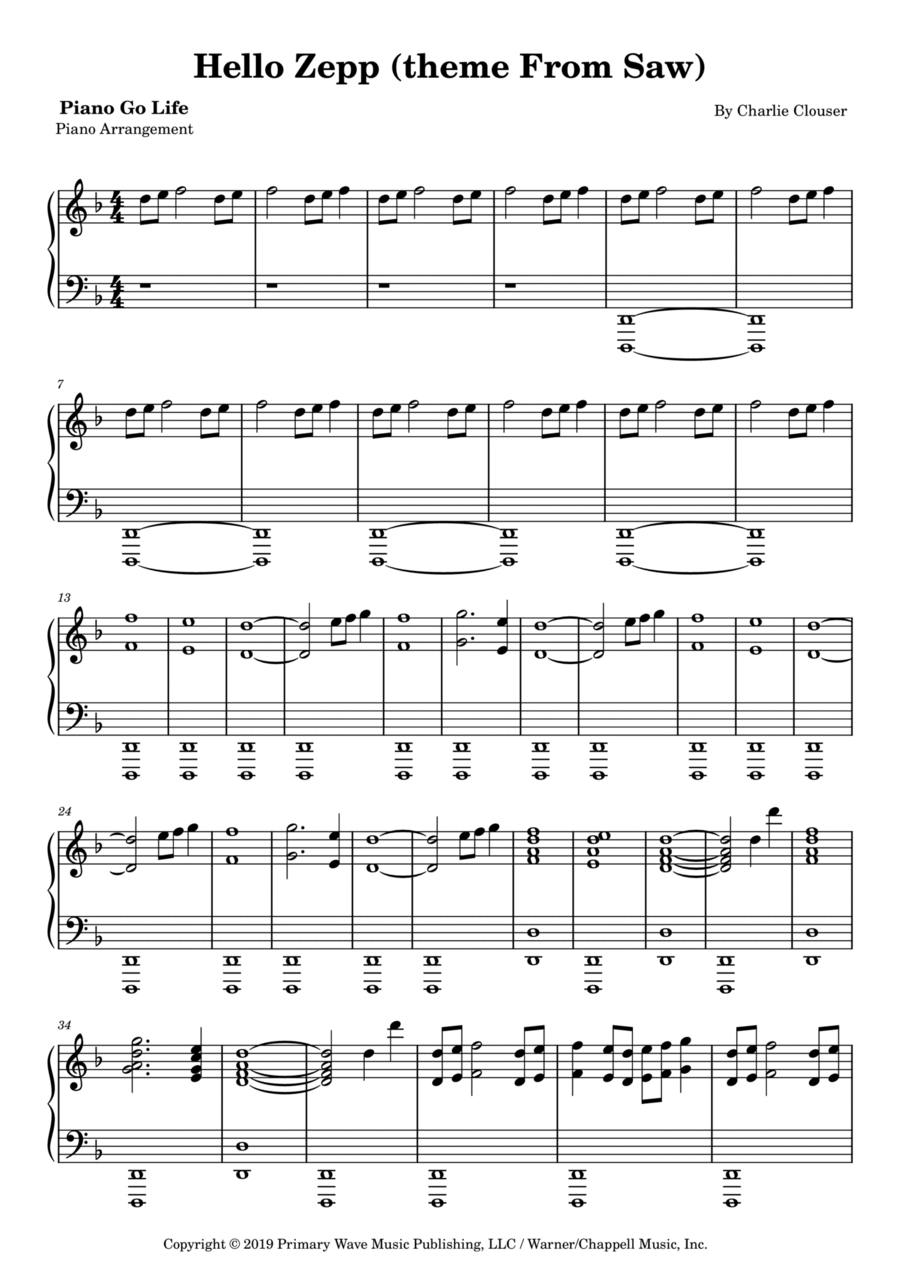Hello Zepp (theme From Saw) Piano Solo scores gallery preview page 1