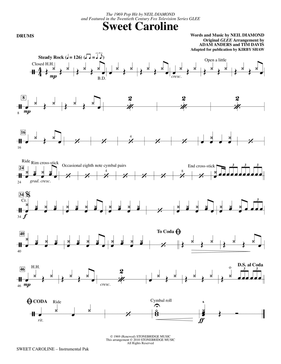 Sweet Caroline (Ed. Kirby Shaw) - Drums Choir scores gallery preview page 1