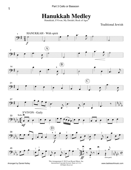 Hanukkah Medley for Piano Quartet (Violin, Viola, Cello & Piano) Set of 4 Parts