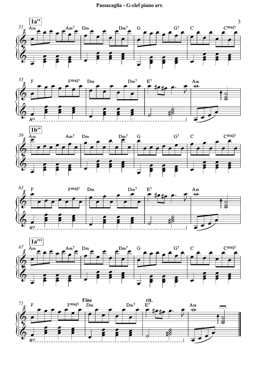 Handel-Halvorsen - Passacaglia - arrangement for easy G-clef piano/harp (GCP/GCH) including lead she Small Ensemble scores gallery preview page 3