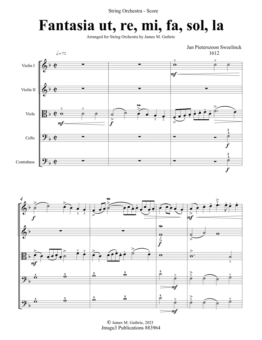 Sweelinck: Fantasia Ut, re, mi, fa, sol, la for String Orchestra - Score Only String Orchestra scores gallery preview page 1