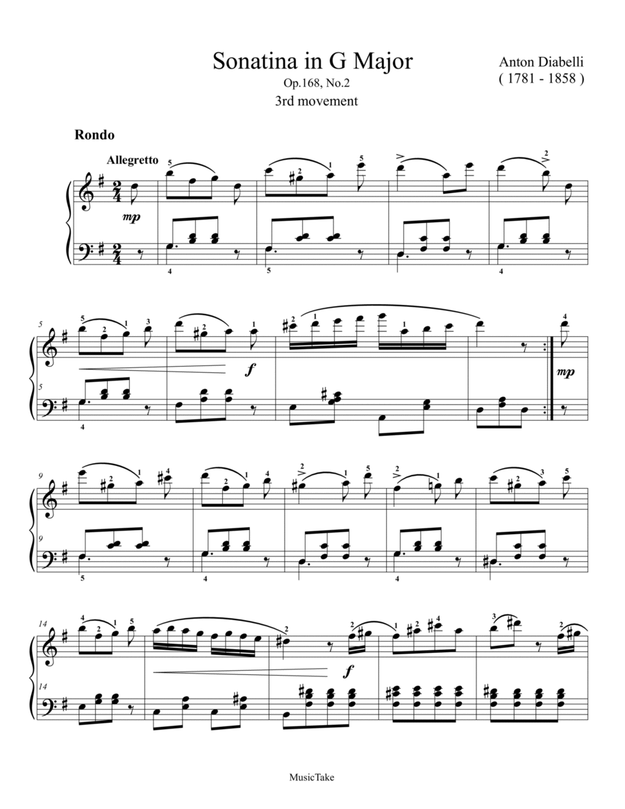 Diabelli Rondo from Sonatina in G Major Op.168 No.2 Easy Piano scores gallery preview page 1