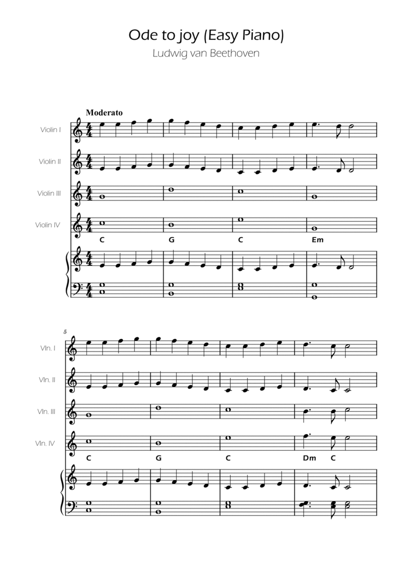 Ode To Joy - Easy Violin Quartet w/ Piano Accompaniment image number null