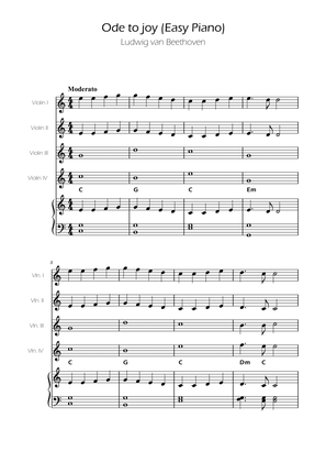 Ode To Joy - Easy Violin Quartet w/ Piano Accompaniment