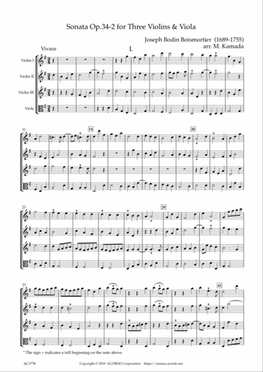 Sonata Op.34-2 for Three Violins & Viola String Duet scores gallery preview page 1