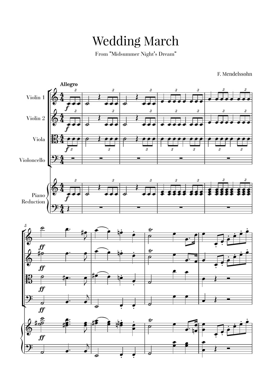 Wedding March for String Quartet and Piano - Mendelssohn Piano Quintet scores gallery preview page 1