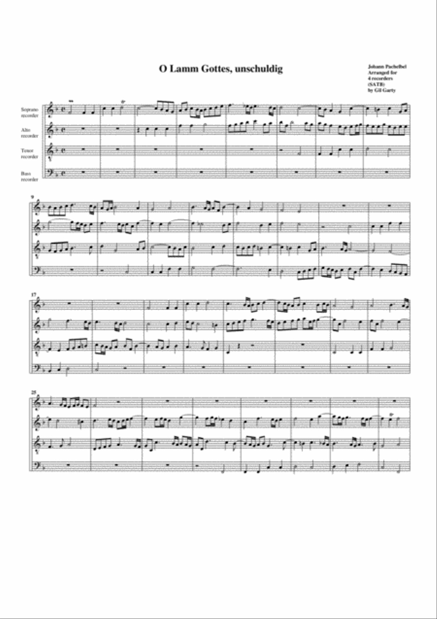 O Lamm Gottes, unschuldig (arrangement for 4 recorders) Recorder scores gallery preview page 1