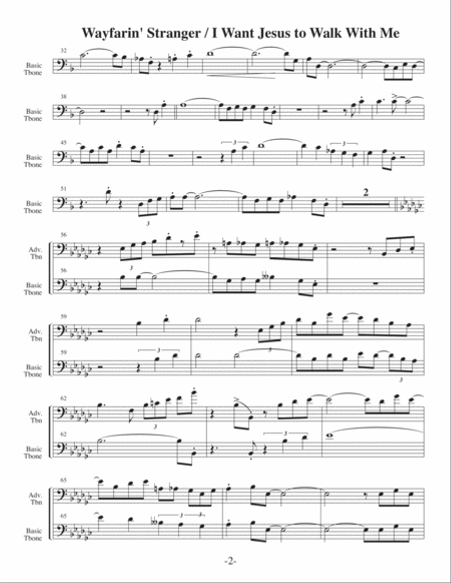 Wayfarin Stranger with I Need Jesus... (Arrangements Level 3-5 for TROMBONE + Written Acc) Trombone Solo scores gallery preview page 3
