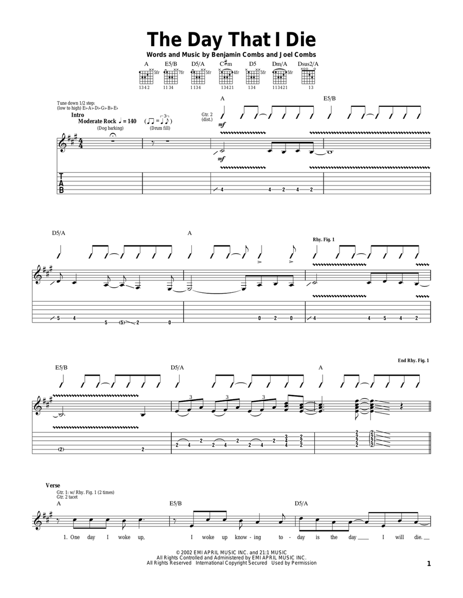 The Day That I Die Guitar Tablature scores gallery preview page 1