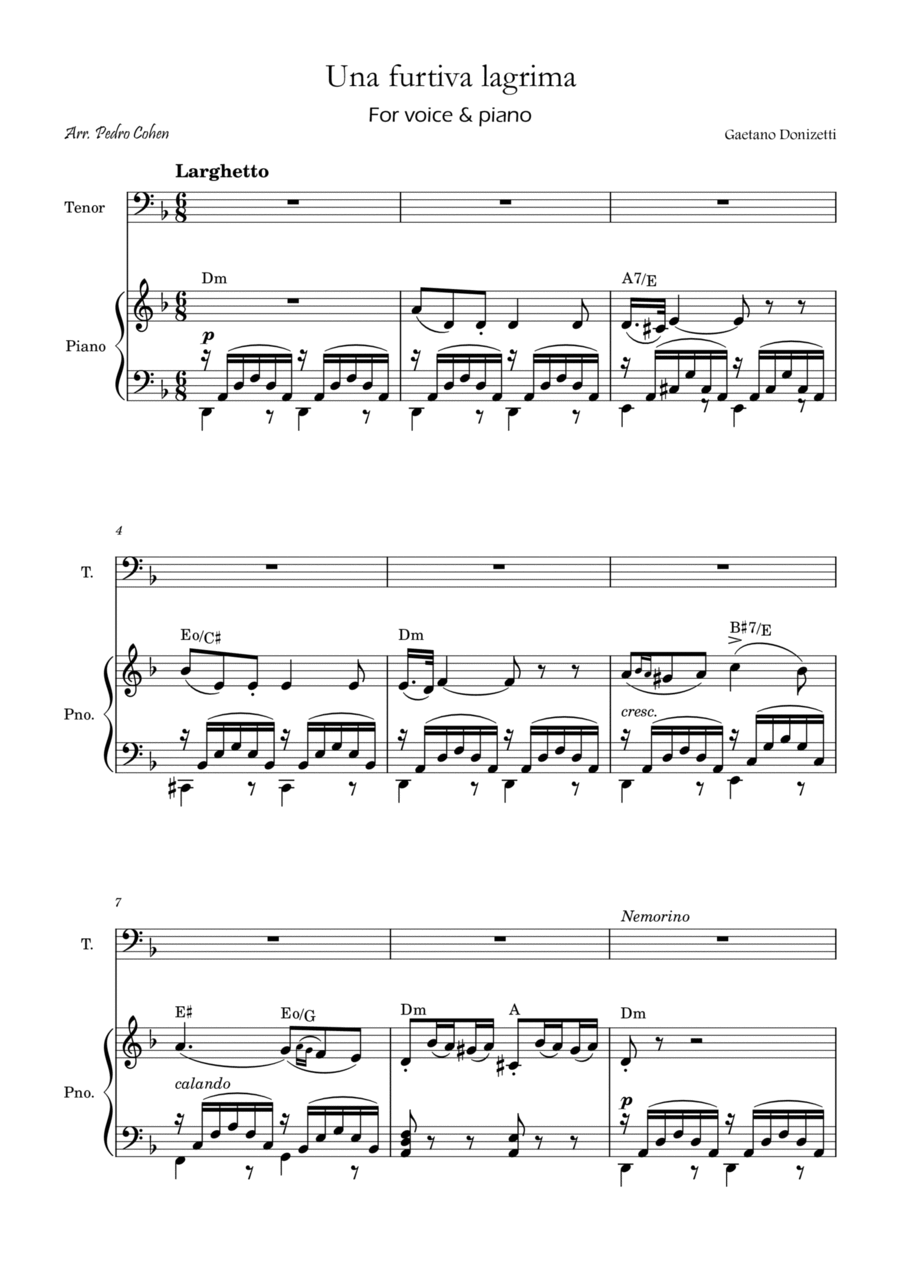 Una Furtiva Lagrima (Tenor in Dm) Piano, Vocal, Guitar scores gallery preview page 1
