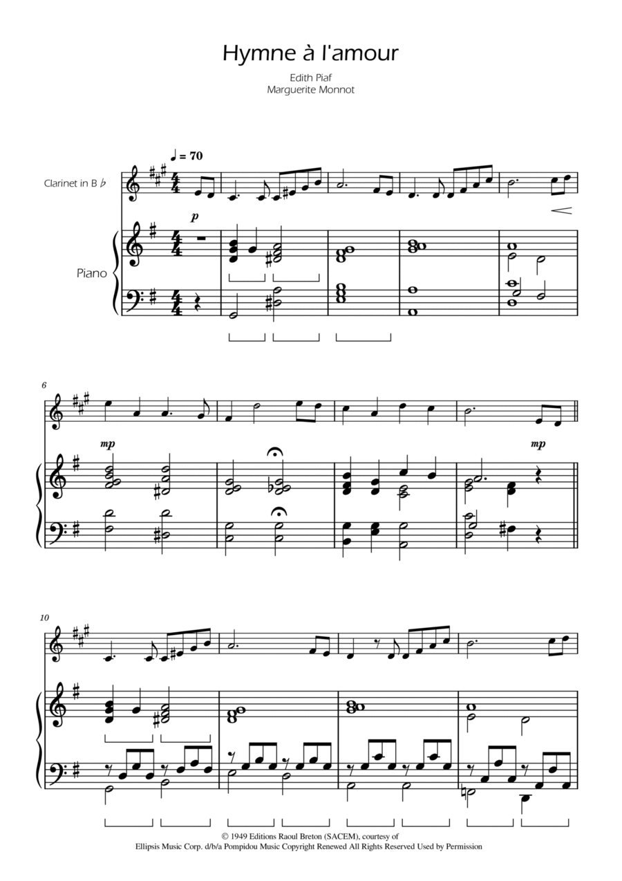Hymne A L'amour B-Flat Clarinet scores gallery preview page 1