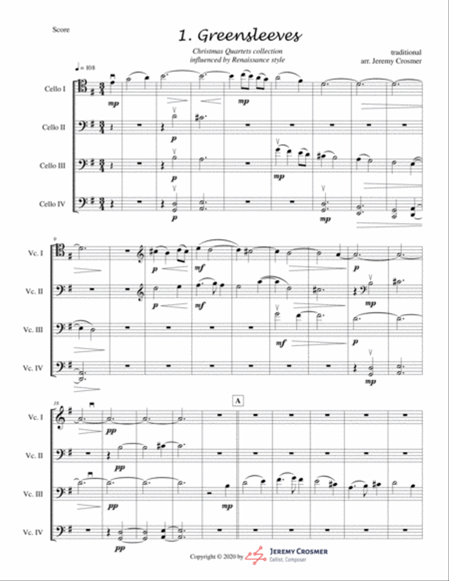 Greensleeves CELLO quartet - ADVANCED String Quartet scores gallery preview page 1
