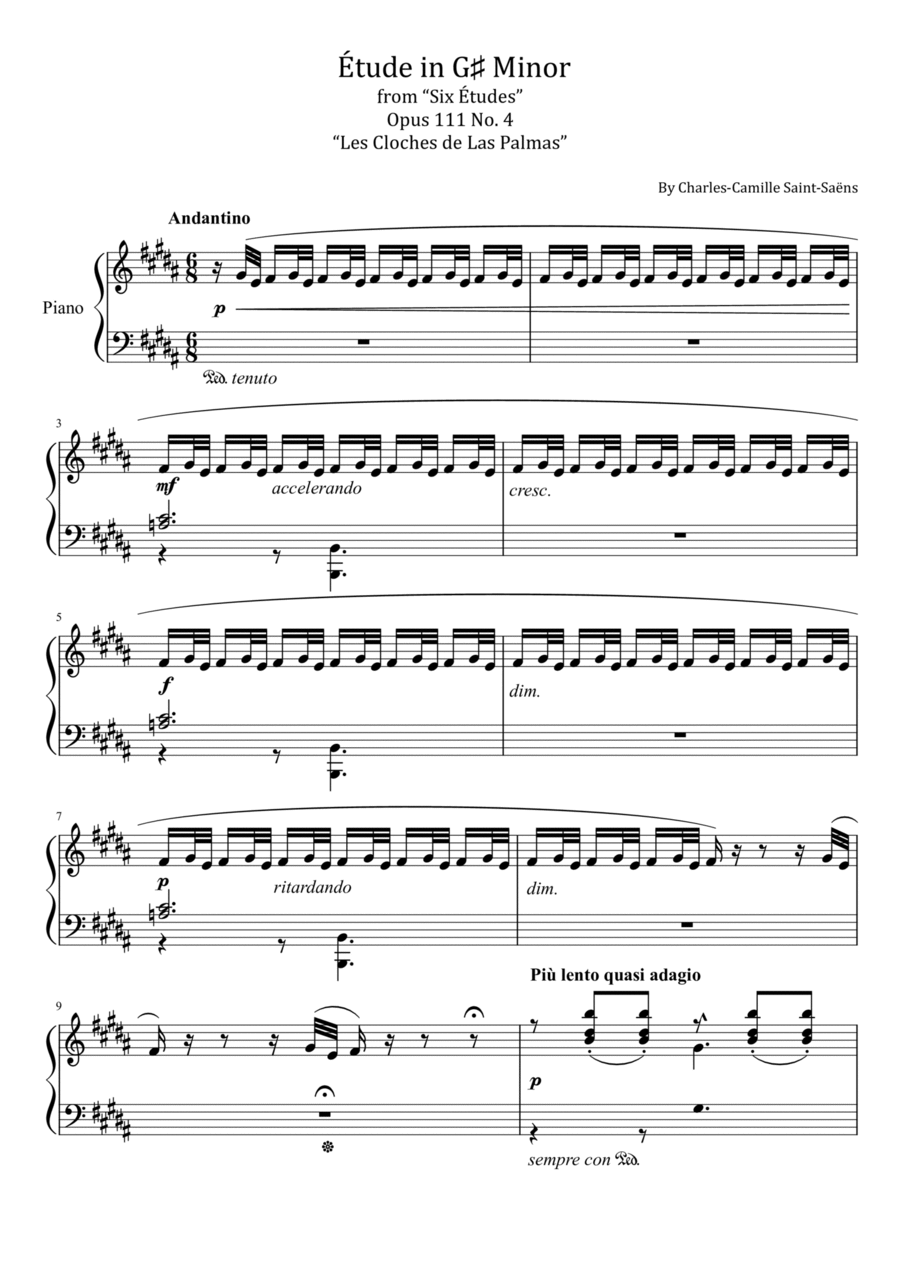 Saint-Saëns - Étude in G♯ Minor - from “Six Études” Op.111 No. 4 “Les Cloches de Las Palmas” Piano Solo scores gallery preview page 1