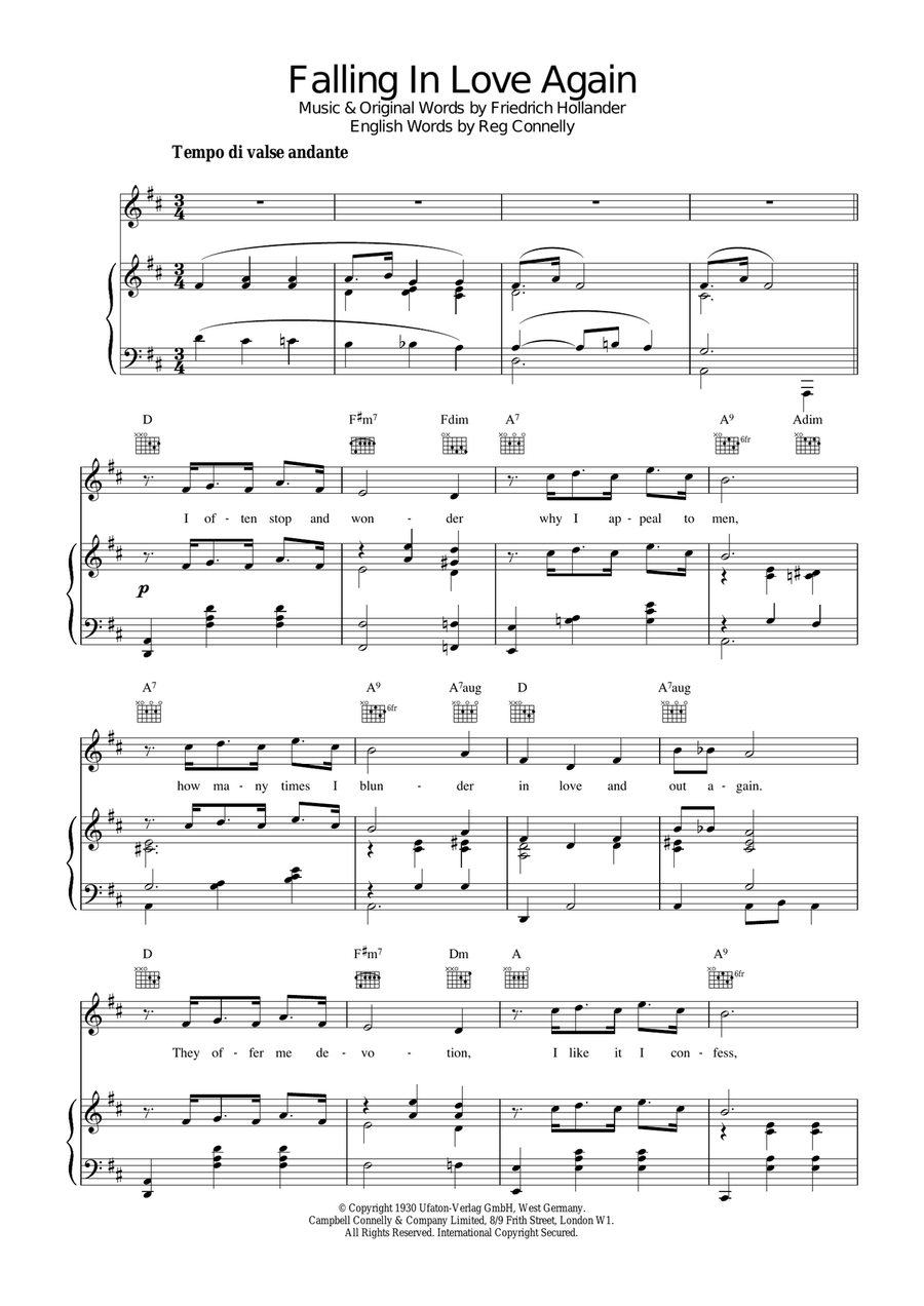 Falling In Love Again Piano, Vocal, Guitar scores gallery preview page 1