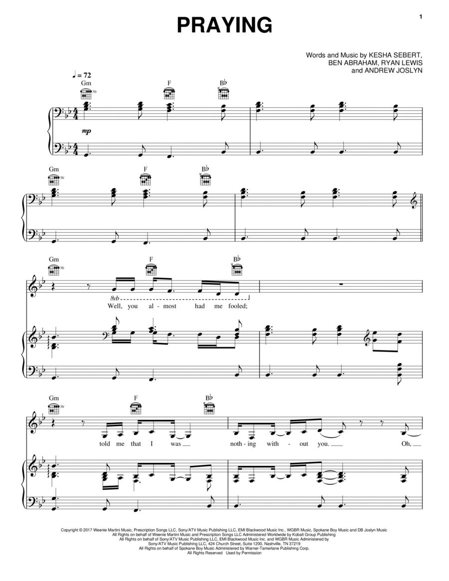 Praying Praying Piano, Vocal, Guitar scores gallery preview page 1