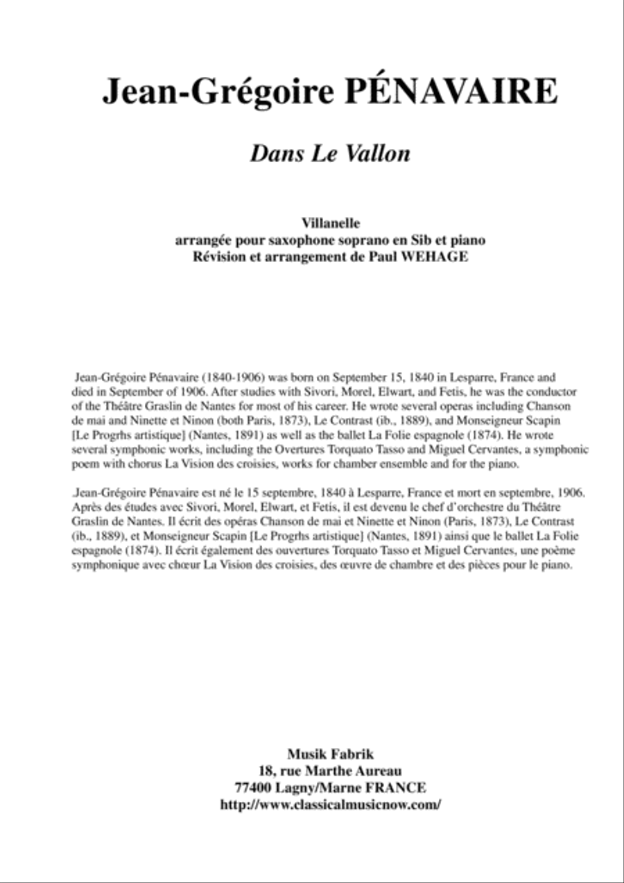 Jean-Grégoire Pénavaire: Dans le Vallon, Villanelle arranged for Bb soprano saxohone and piano Soprano Saxophone scores gallery preview page 1