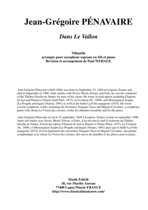 Jean-Grégoire Pénavaire: Dans le Vallon, Villanelle arranged for Bb soprano saxohone and piano