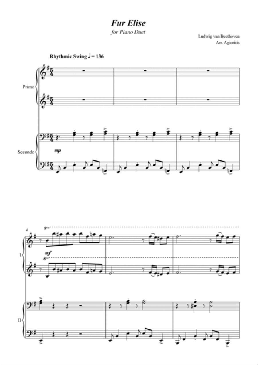 Fur Elise - Jazz Arrangement - for Piano Duet image number null