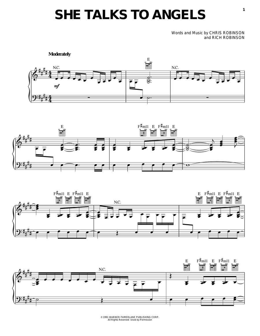 She Talks To Angels Piano, Vocal, Guitar scores gallery preview page 1