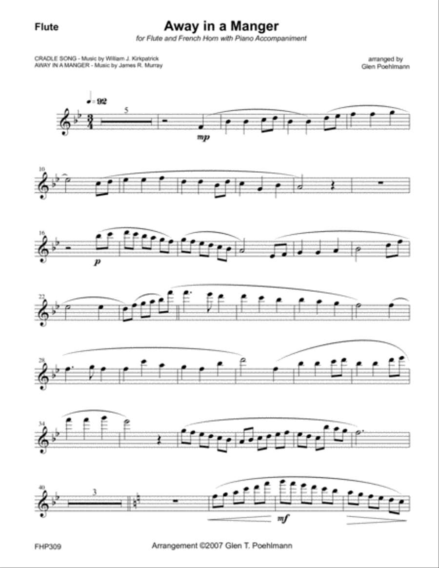 AWAY IN A MANGER for FLUTE & HORN with Piano Accompaniment Woodwind Duet scores gallery preview page 5