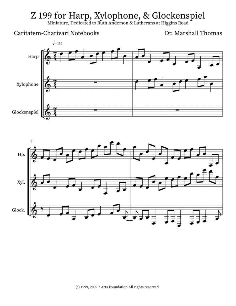 Z 199 for Harp, Xylophone, & Glockenspiel Glockenspiel scores gallery preview page 1
