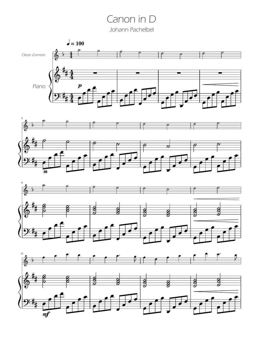 Canon in D - Oboe D'amore Solo w/ Piano Oboe scores gallery preview page 1