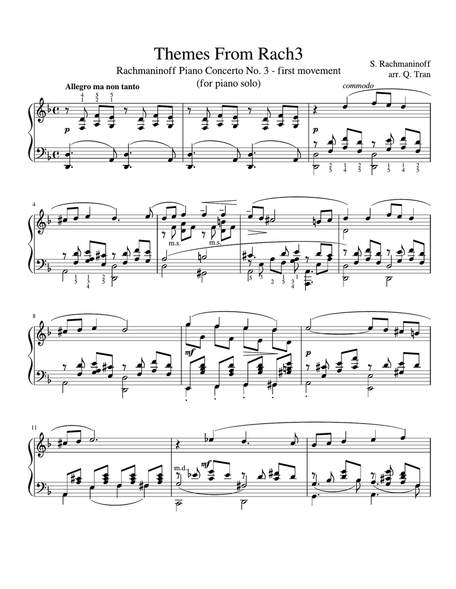 Themes From Rach3 - Rachmaninoff Piano Concerto No 3 - 1st movement - Piano Solo Arrangement Piano Solo scores gallery preview page 1