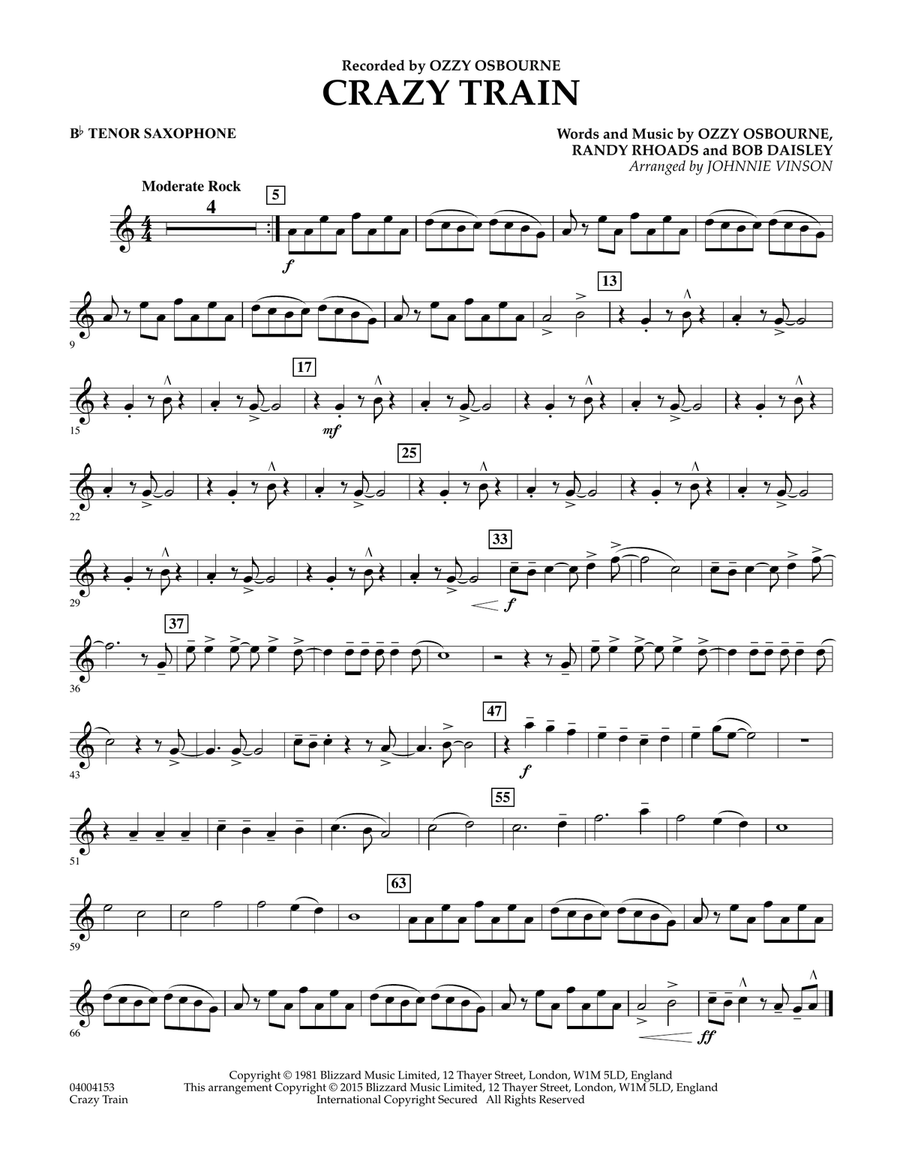 Crazy Train - Bb Tenor Saxophone